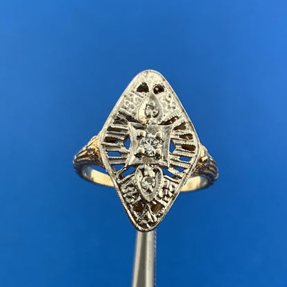 Art Deco 14K Yellow White Gold Diamond Open Work Filigree Cocktail Ring