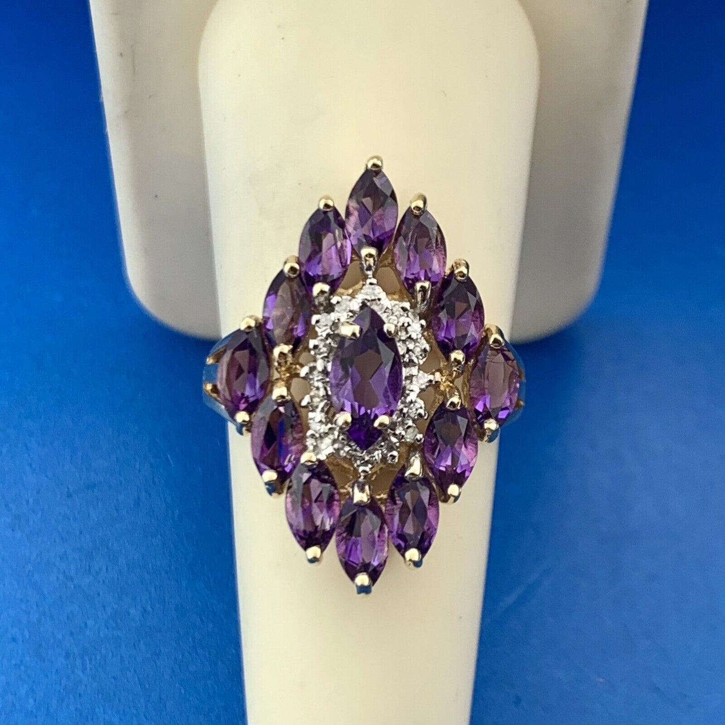 Gorgeous 10k Yellow Gold Marquise Purple Amethyst Diamond Accent Cluster Ring