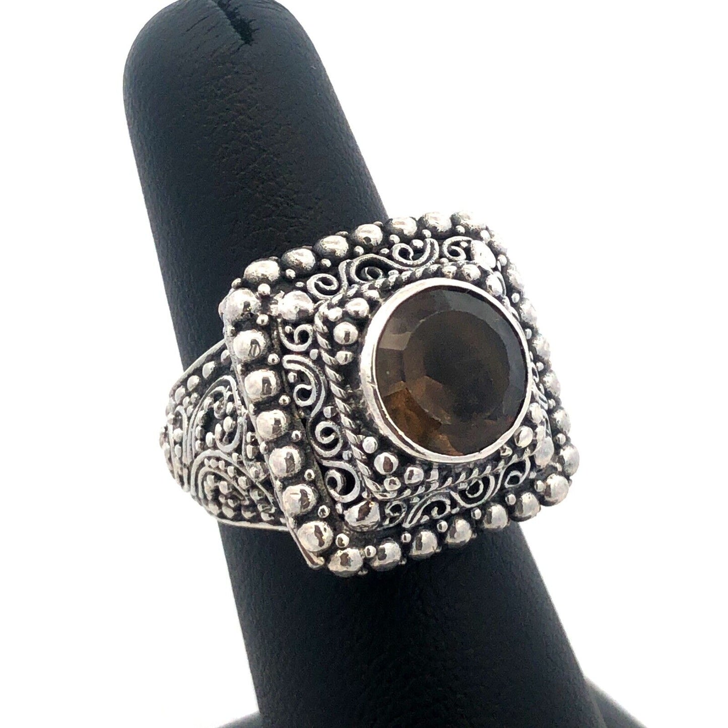 Designer Sarda 925 Sterling Silver Smoky Topa Filigree Square Statement Ring