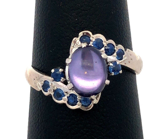 Estate 18K White Gold Oval Amethyst Cabochon Sapphire Accents Solitaire Ring