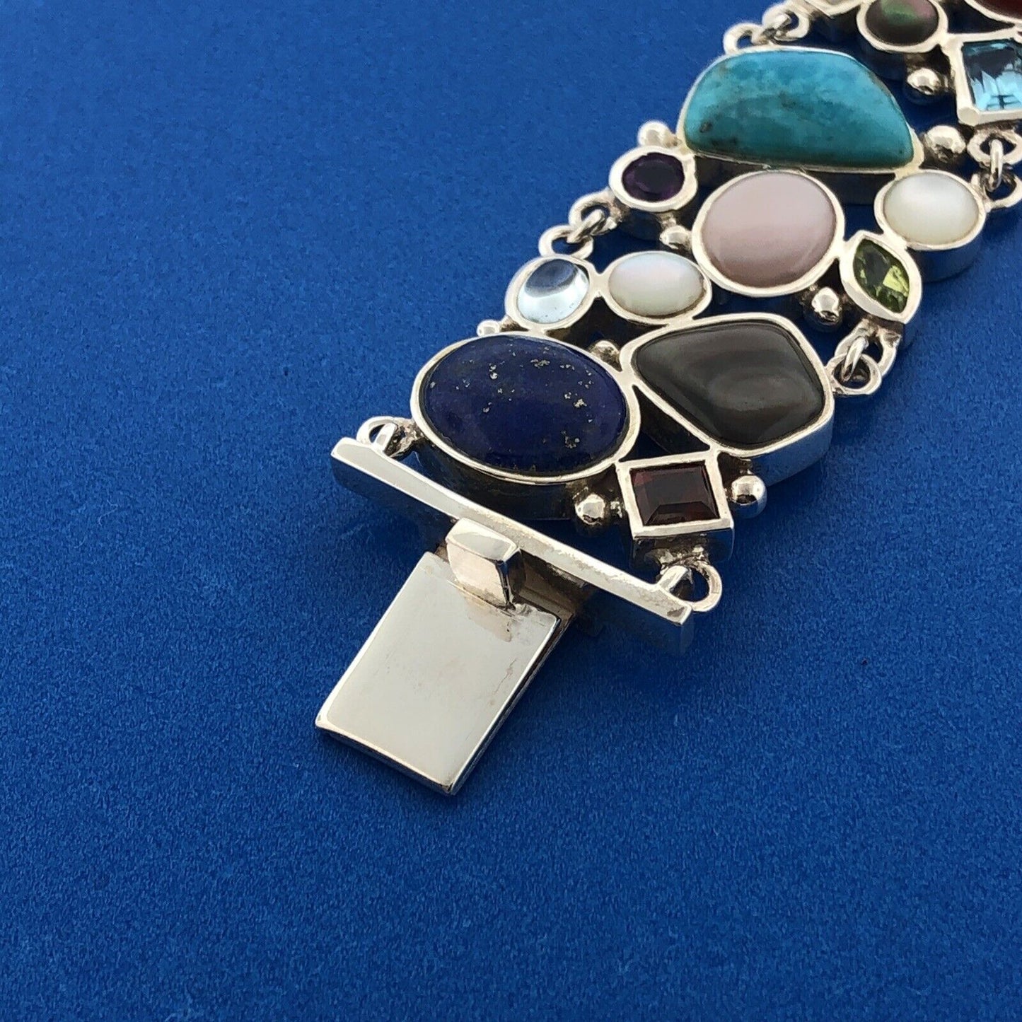 Designer 925 Sterling Silver Multi Gem Multi Shaped Glamorous Statement Bracelet