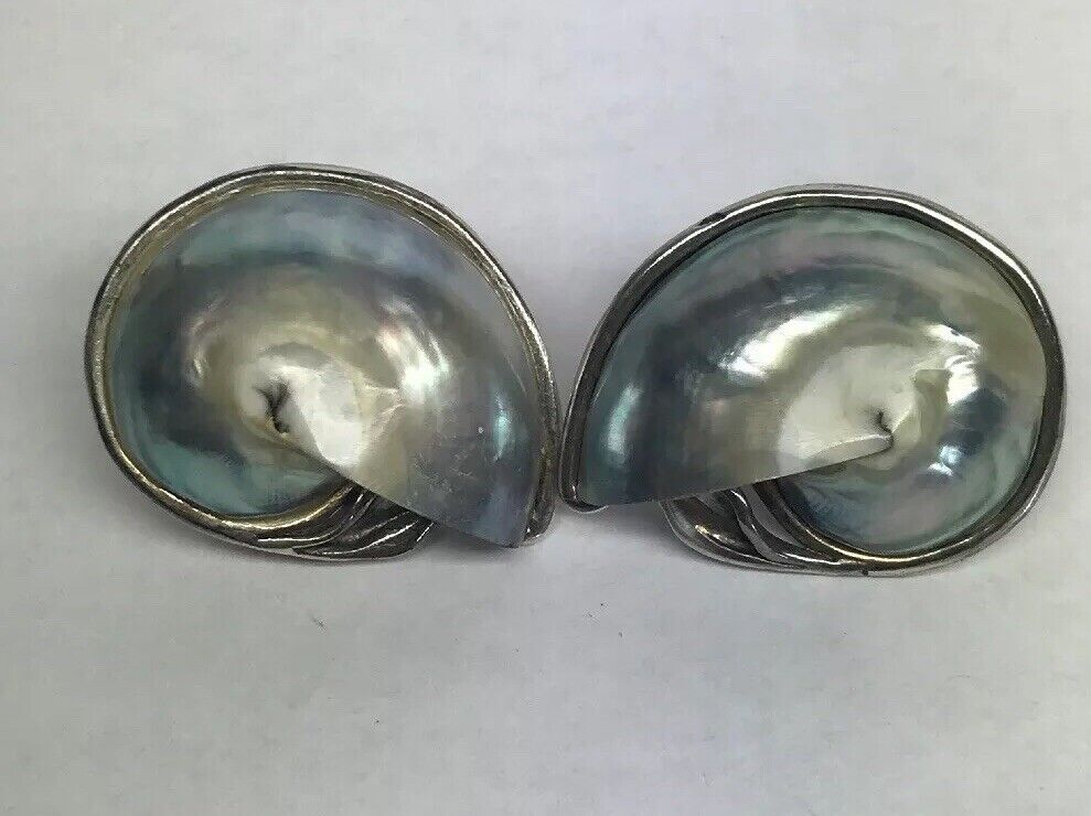 Vintage Sterling Silver 925 Abalone Sea Snail Shell Statement Earrings S162