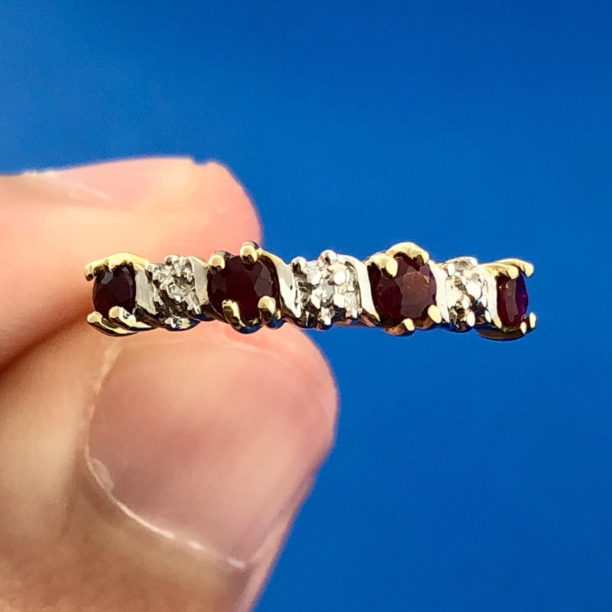 Retro 10K Yellow White Gold Ruby Diamond Stackable Anniversary Band Ring