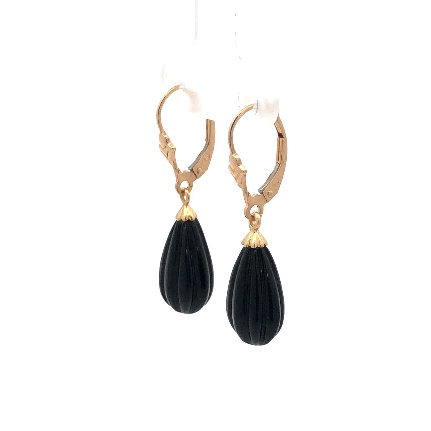 Designer 14K Yellow Gold Ribbed Onyx Pear Drop Dangle Leverback Earrings