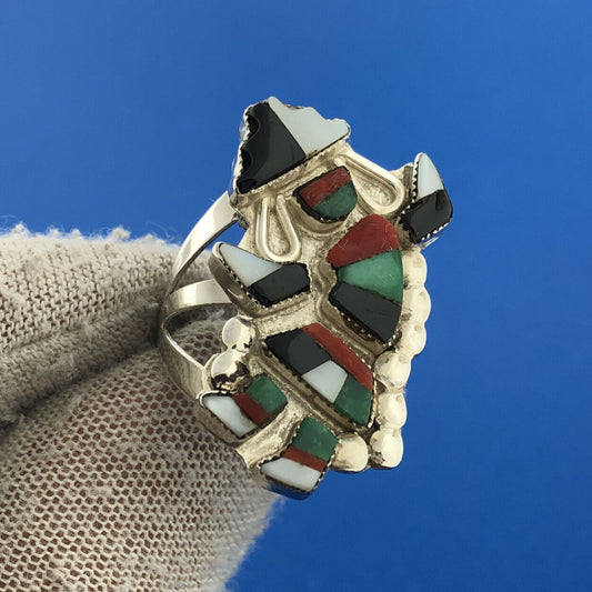Vintage Native American Unsigned Sterling Silver Multi Stone Inlay Kachina Ring