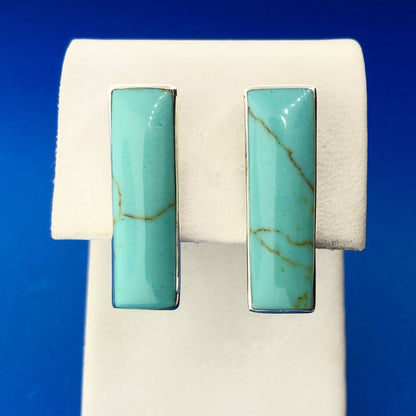 Stunning Sterling Silver 925 Cabochon Aqua Turquoise Rectangle Stud Earrings