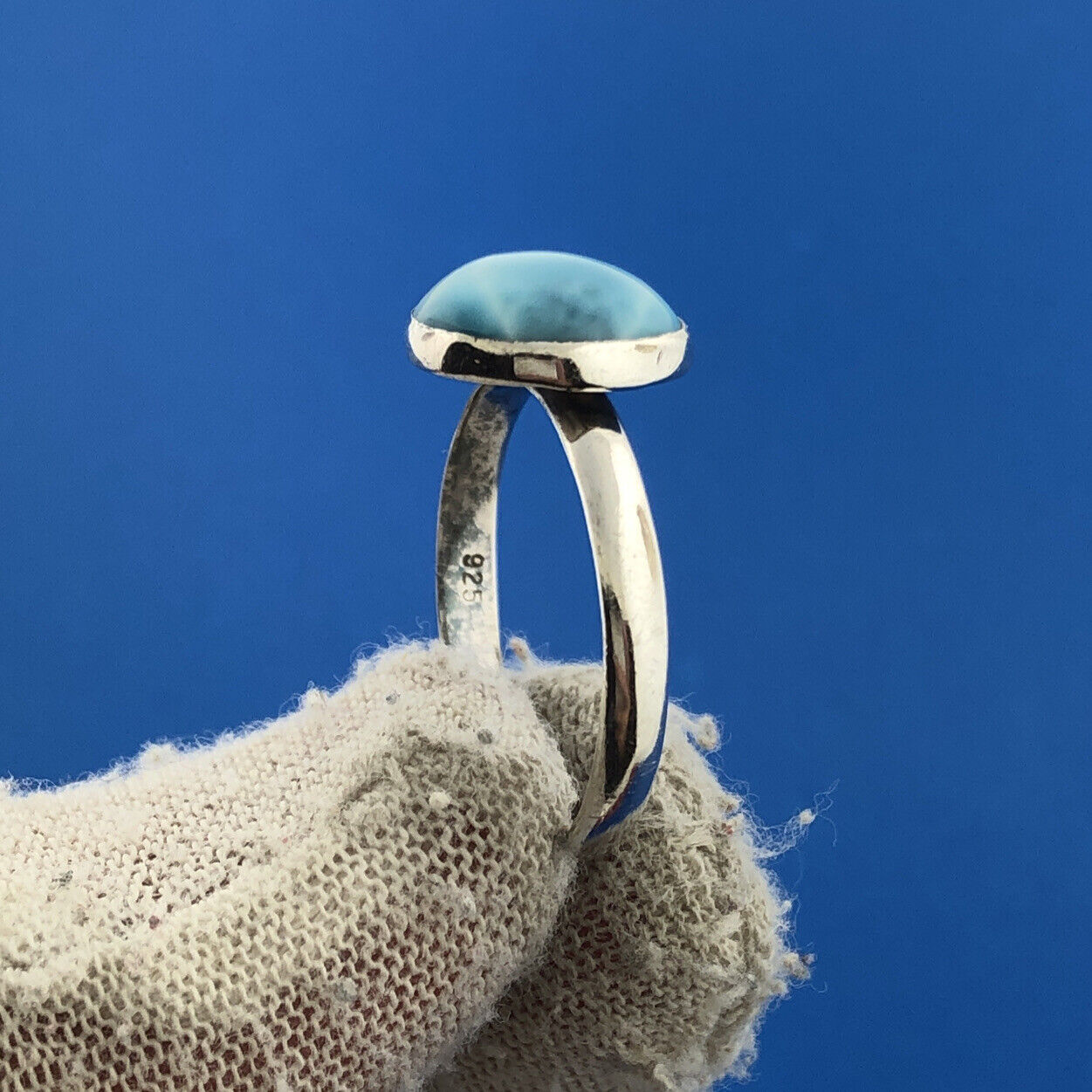 Stunning Sterling Silver 925 Circle Cabochon Sky Blue Larimar Ring Size 9