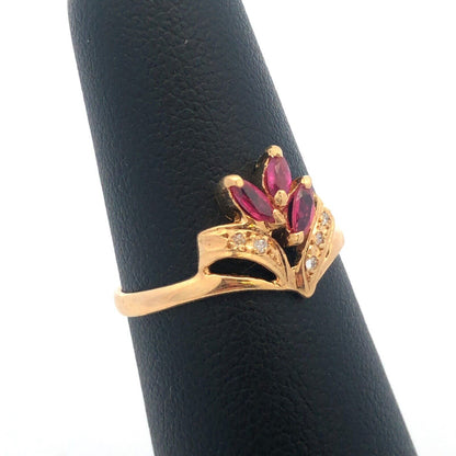 14K Yellow Gold Ruby Diamond Flower Cluster Anniversary Birthstone Cocktail Ring