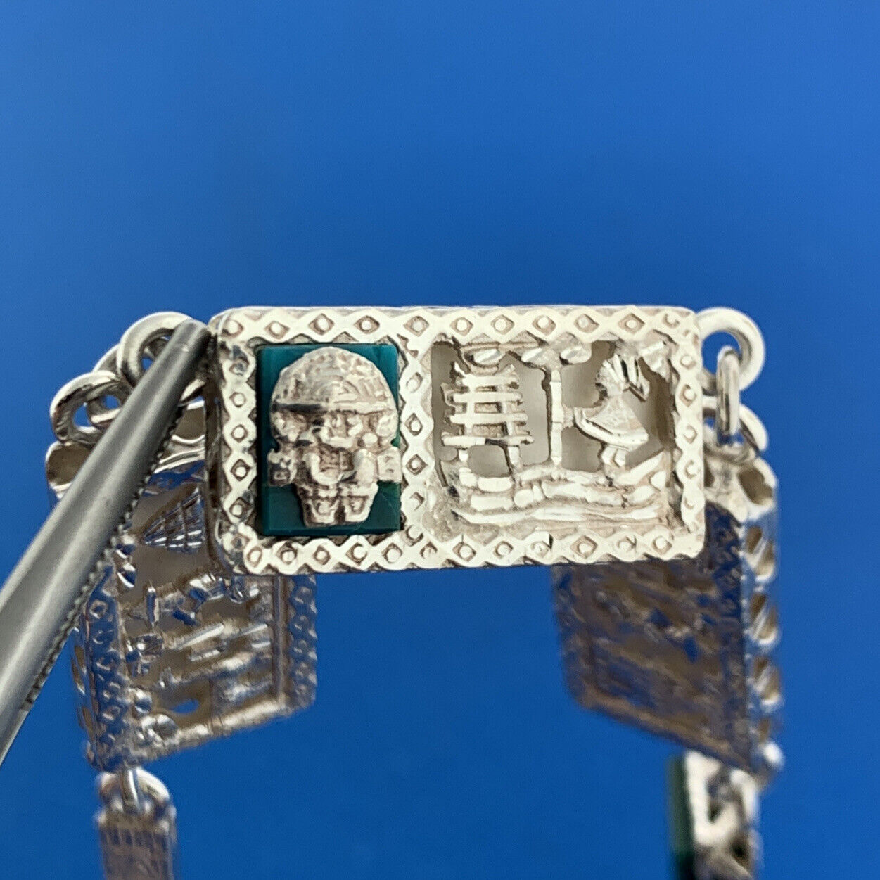 Vintage 925 Sterling Silver Malachite Aztec Incan Village Scene Panel Necklace