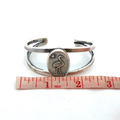 Designer 925 Sterling Silver Heron Crane Bird Sun Oval Open Cuff Bracelet
