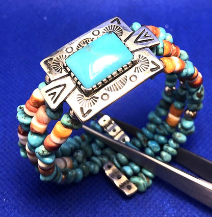 Native American Signer 925 Sterling Silver Turquoise & Shell Beaded Bracelet