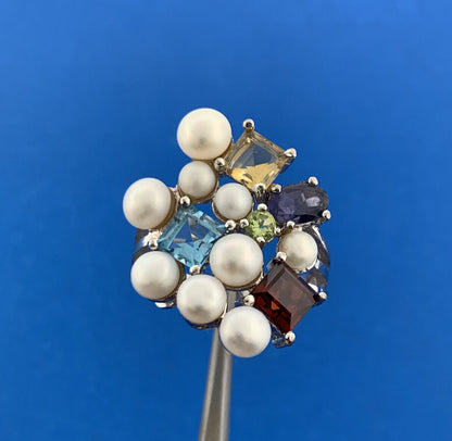 Designer Sterling Silver Mixed Gemstone Pearl Statement Modernist Cocktail Ring