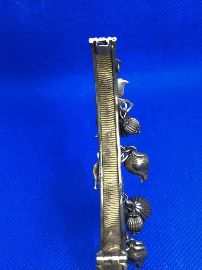 Art Nouveau Gold Tone Floral Theme Dangle Charm Hinged Cuff Bracelet