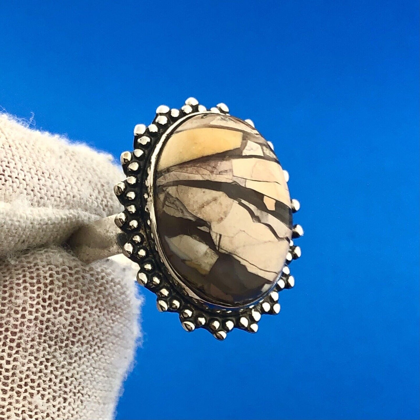 Vintage 925 Sterling Silver Oval Enamel Mosaic Jasper Inlay Statement Ring