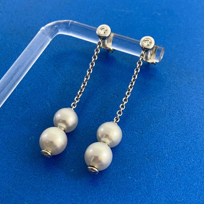 Mikimoto 18K White Gold Diamond Pearls In Motion Drop Dangle Stud Earrings