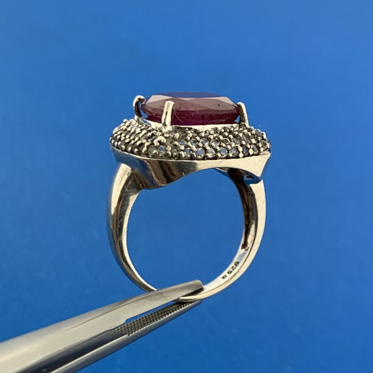 Vintage 925 Sterling Silver Ruby Solitaire Diamond Accented Cocktail Ring