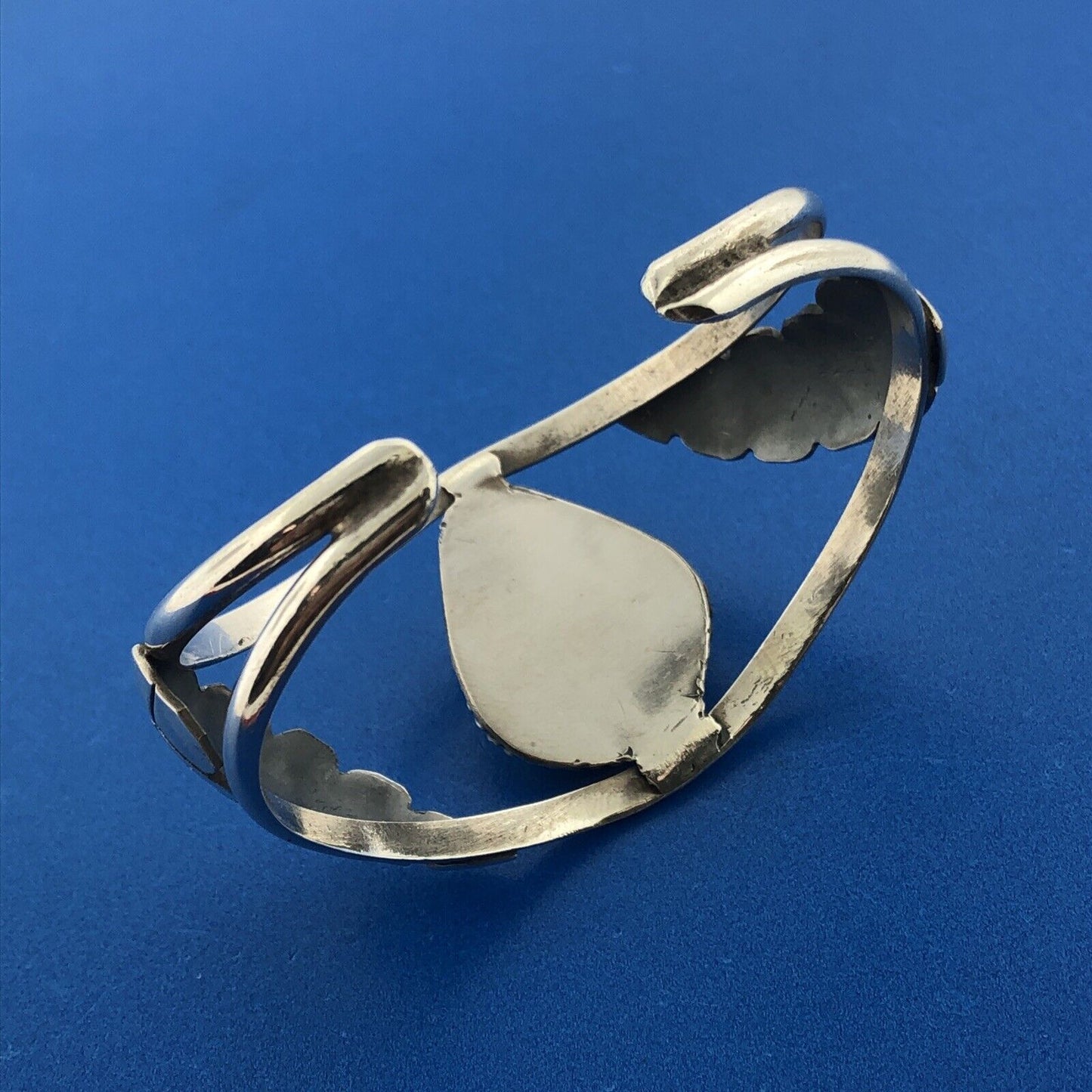 Old Pawn Sterling Silver Chunky Turquoise Cabochon Squash Blossom Cuff Bracelet