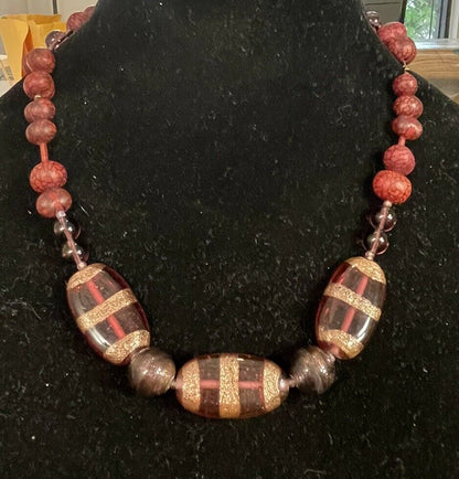 Artisan 14K Yellow Gold Amethyst Art Glass Wooden Mixed Bead Necklace