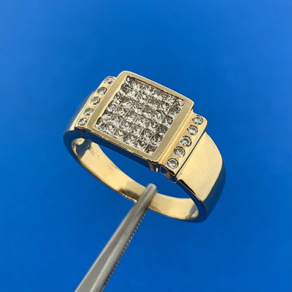 14K Yellow Gold Pave Princess Diamond Square Top Statement Unisex Cocktail Ring