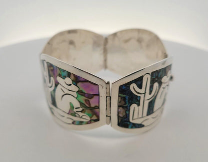 Vintage Mexico Taxco CS Sterling Silver Abalone Inlay Oval Panel Cuff Bracelet