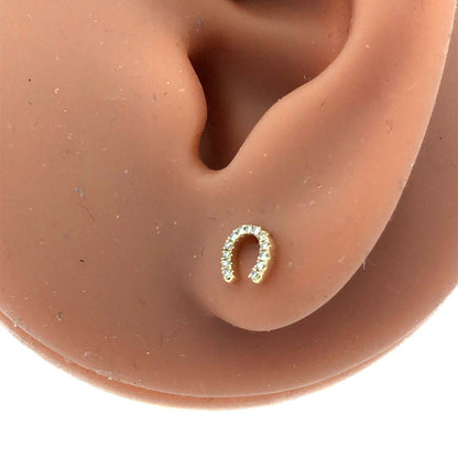 Designer 14K Yellow Gold Pave Diamond Horseshoe Good Luck Stud Earrings