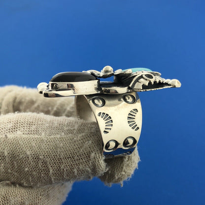 Sterling Silver 925 CII Mexico Cabochon Onyx Turquoise Finger Ring Size 9.75