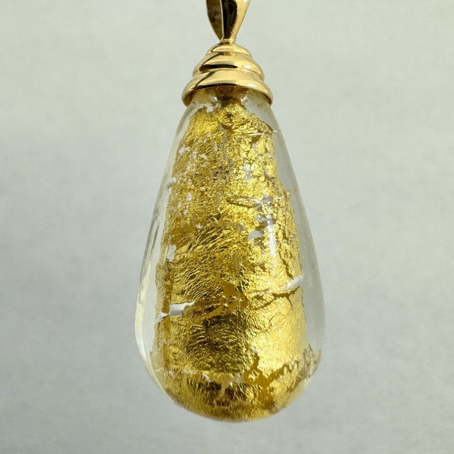 Designer MC 14K Yellow Gold Hand Blown Gold Leaf Glass Teardrop Pendant