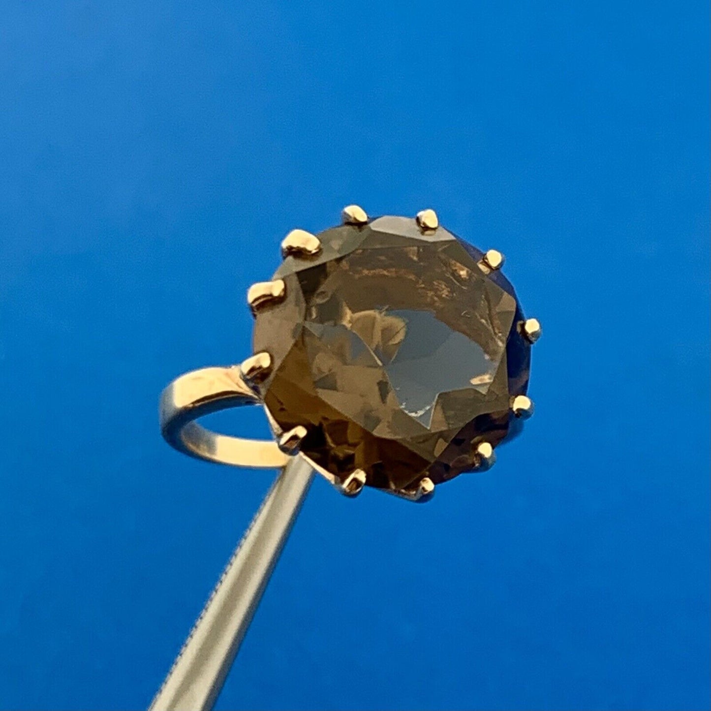 Retro 10K Yellow Gold Smoky Quartz Solitaire Statement Cocktail Ring