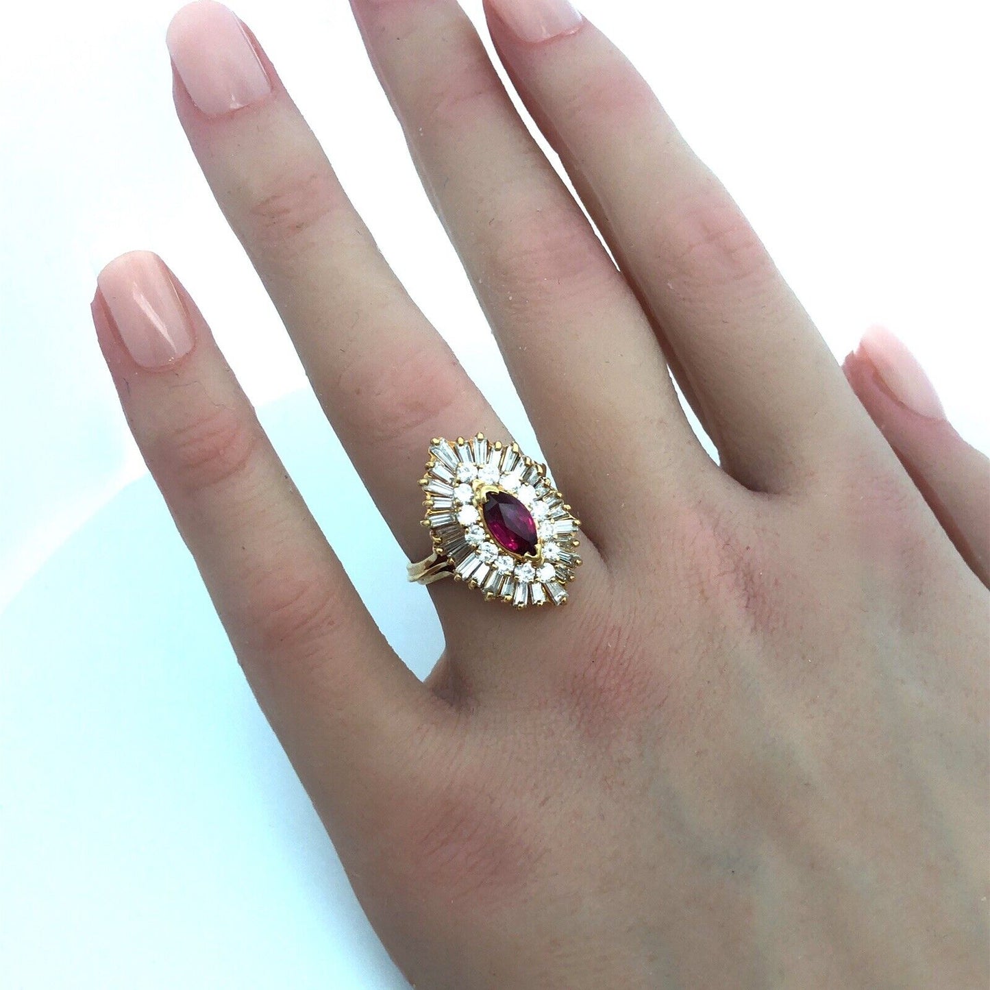 Designer 18K Yellow Gold Marquise Ruby Diamond Double Halo Statement Sz 6.5 Ring