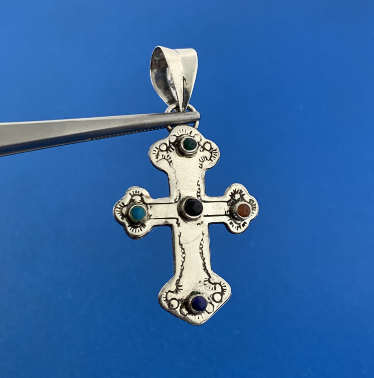 Native American 925 Sterling Silver Concho Style Mixed Gemstone Cross Pendant