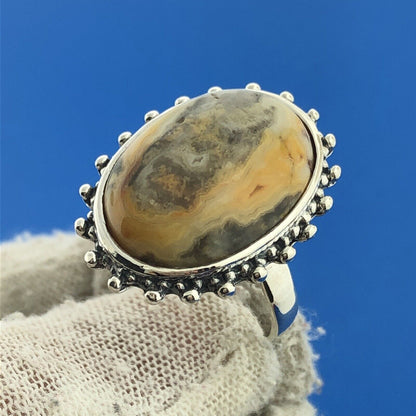 Stunning Sterling Silver 925 Grey Orange Cabochon Agate Statement Ring Size 8.5
