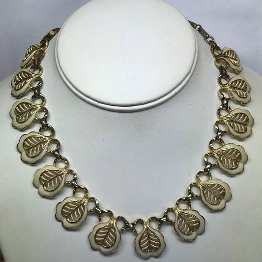 Vintage Coro Gold Tone Enamel Leaf Butterfly Panel Adjustable Choker Necklace
