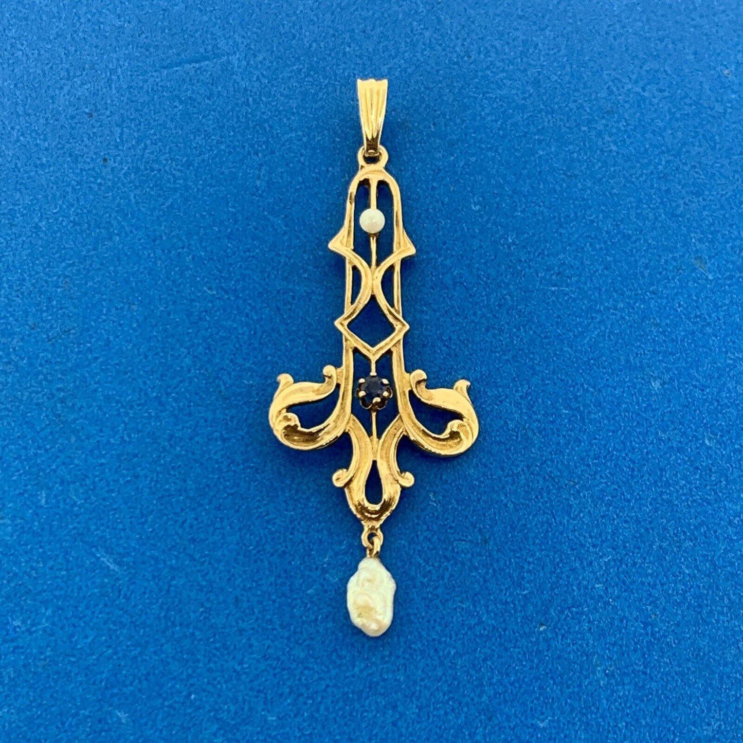 Antique 14K Yellow Gold Sapphire Pearl Scroll Statement Pendant