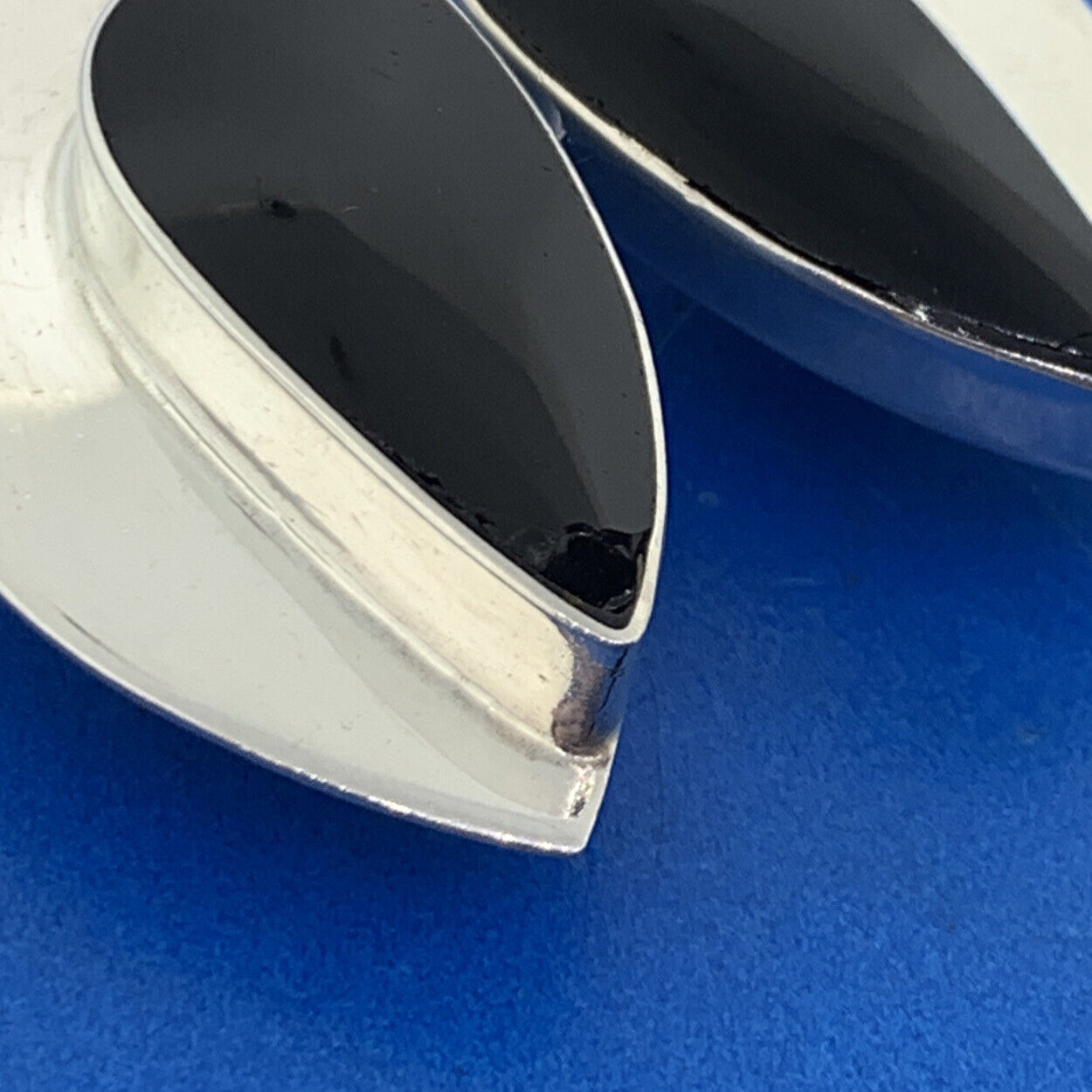 Mid Century Taxco Los Ballesteros Sterling Silver Onyx Modernist Clip Earrings