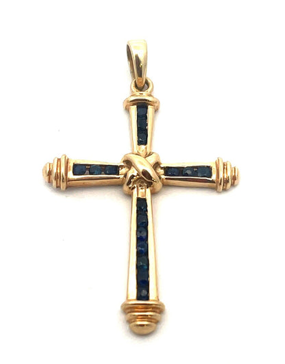 Designer 14K Yellow Gold Blue Sapphire Religious Easter Statement Cross Pendant