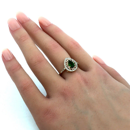 Estate 10K Yellow Gold Pear Cut Emerald Diamond Halo Engagement Ring