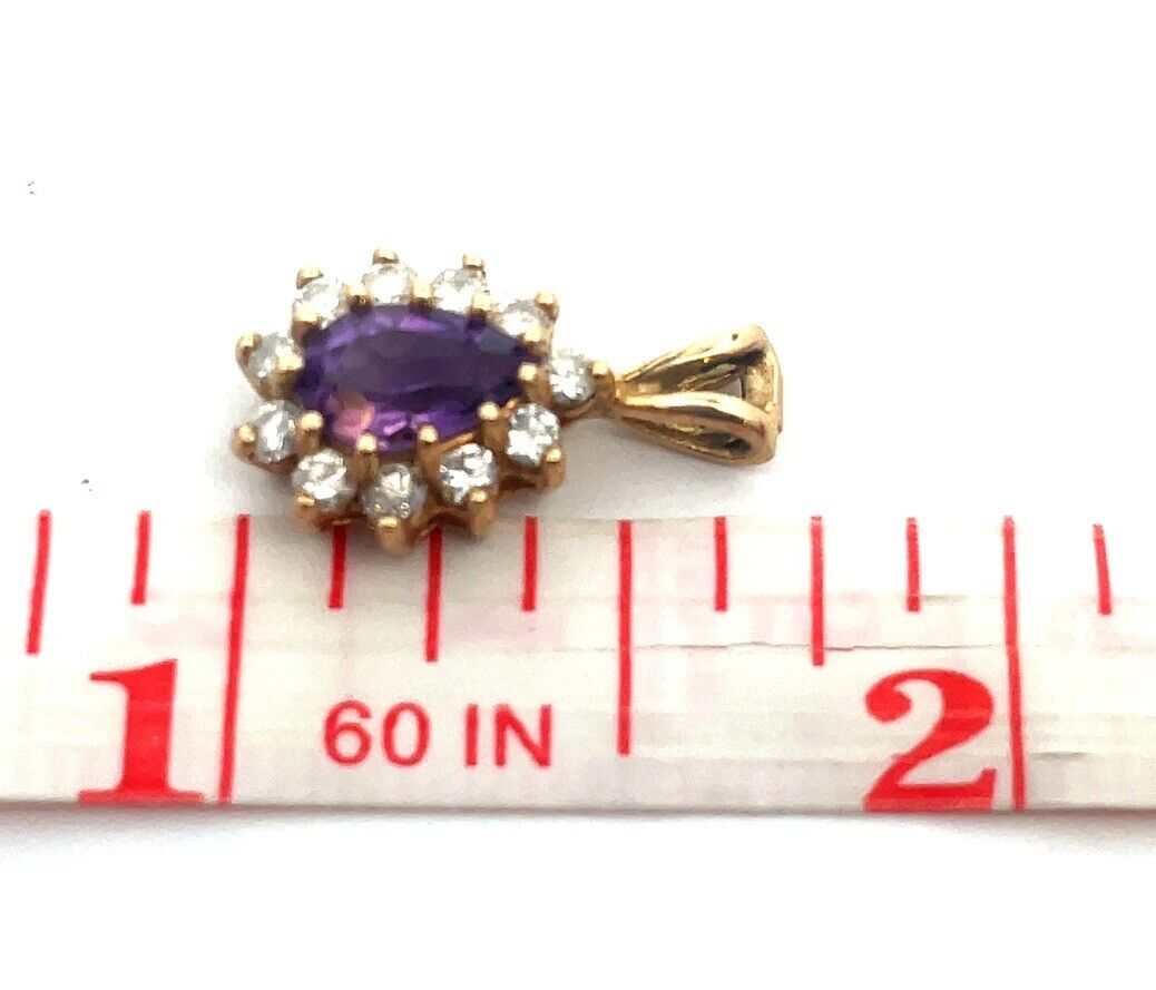 Vintage Designer 14K Yellow Gold Pear Amethyst Diamond Halo Teardrop Pendant