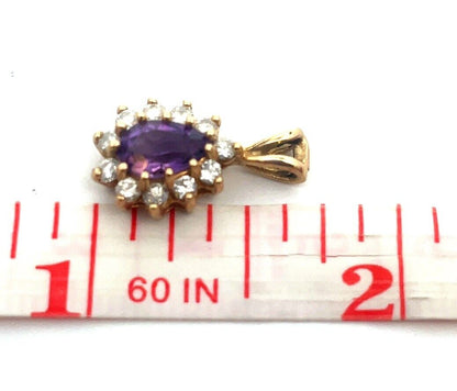 Vintage Designer 14K Yellow Gold Pear Amethyst Diamond Halo Teardrop Pendant