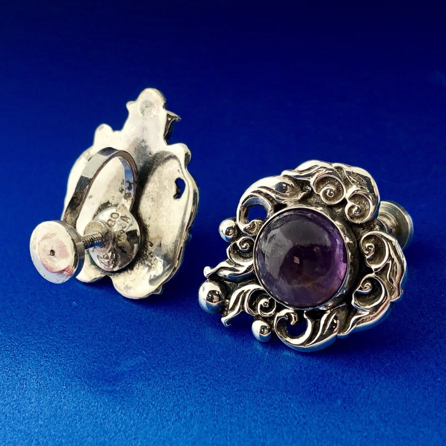 Taxco Ca 1940's ProSa Sterling Silver 925 Amethyst Ornate Screw Back Earrings
