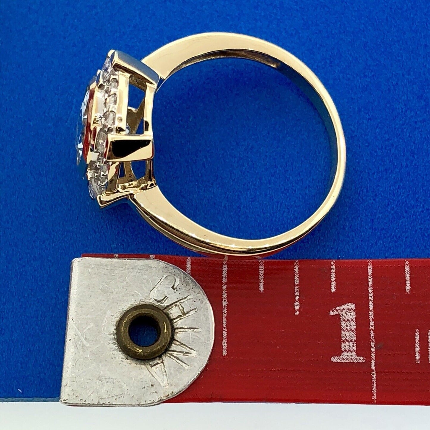 Designer 10K Yellow Gold Aquamarine Diamond Halo March Birthday Anniversary Ring