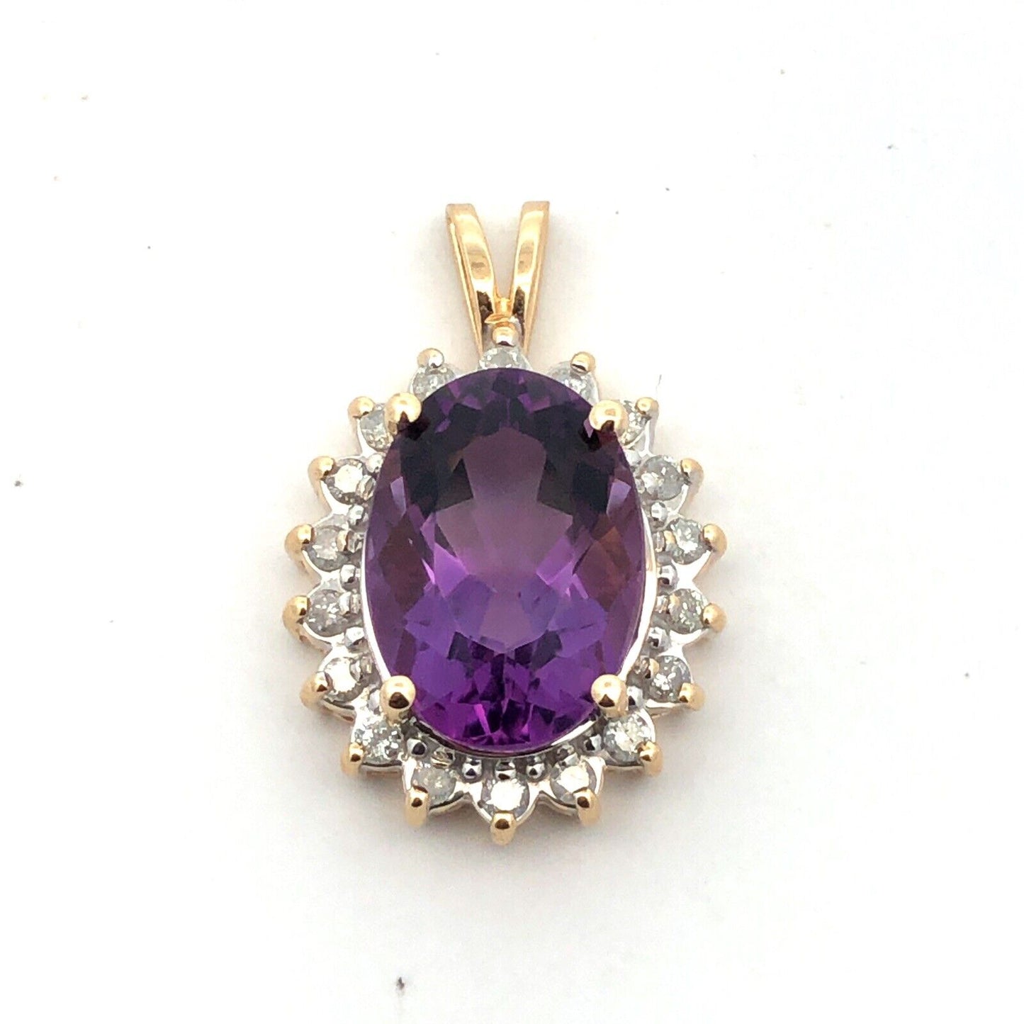 Designer 14K Yellow Gold Oval Purple Amethyst Diamond Halo Statement Pendant