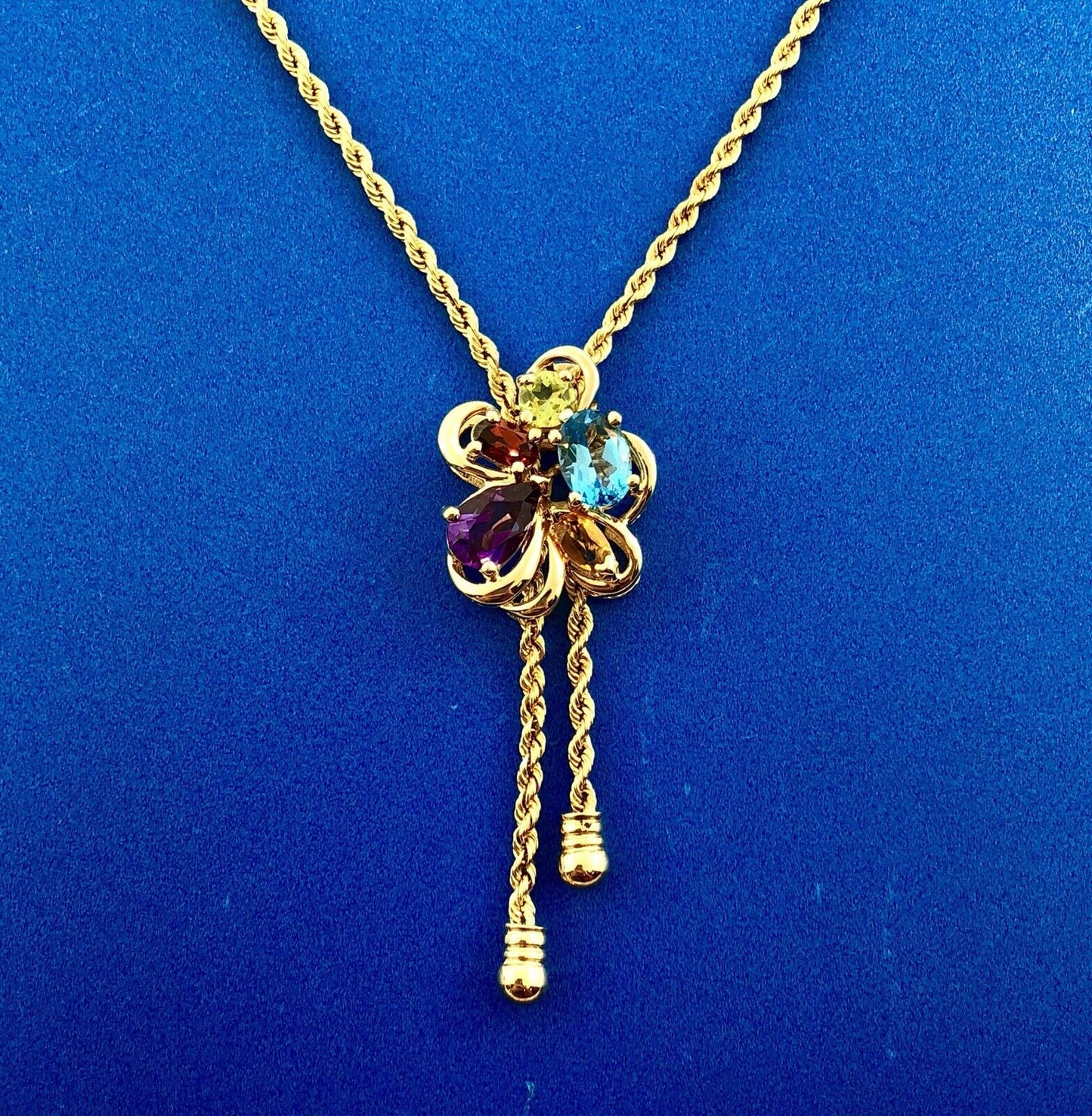 Vintage 14K Yellow Gold Multi Gemstone Flower Cluster Lariat Style Y Necklace