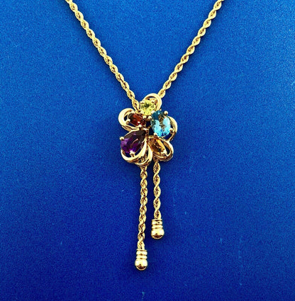 Vintage 14K Yellow Gold Multi Gemstone Flower Cluster Lariat Style Y Necklace