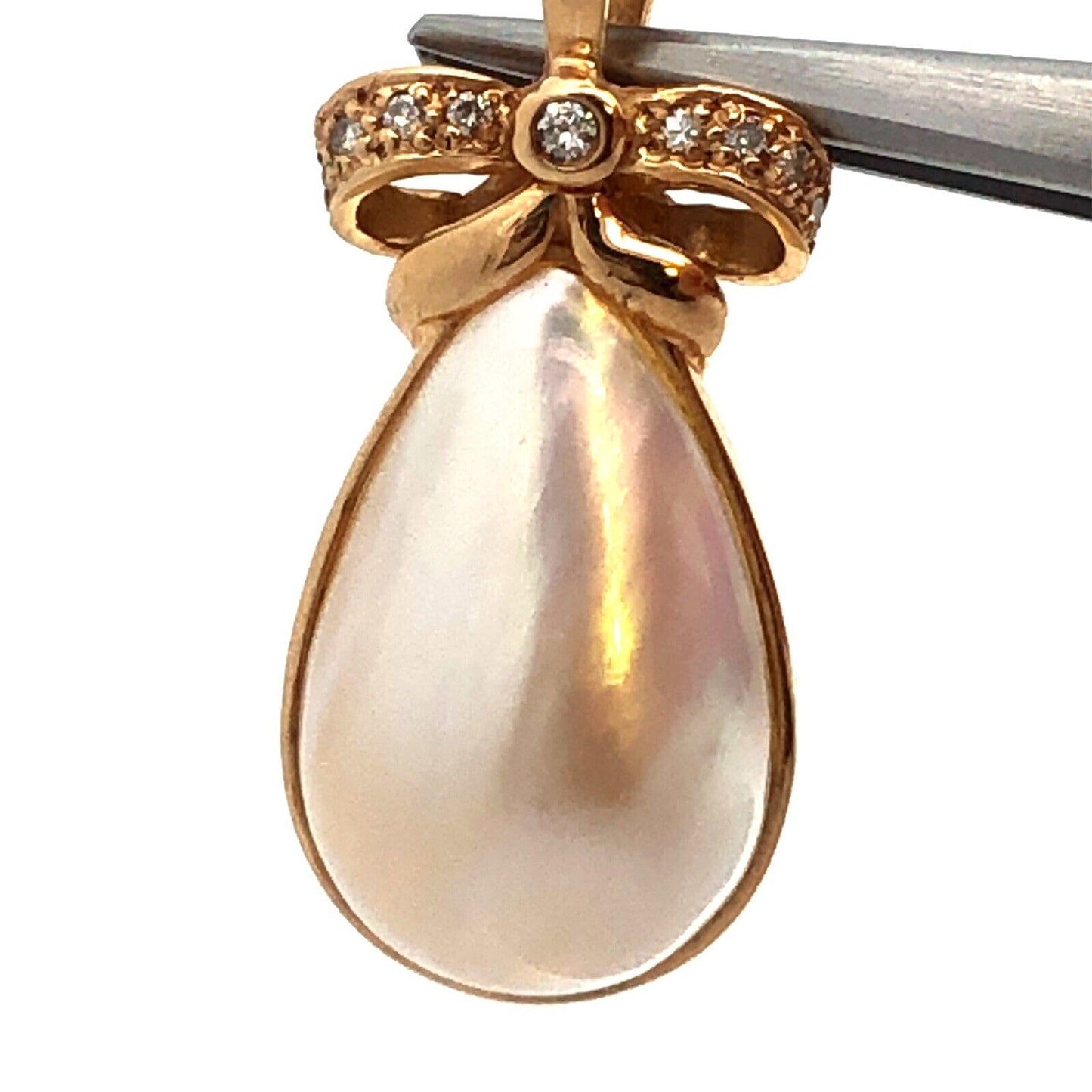 Designer 14K Yellow Gold Teardrop Pearl Diamond Accent Bow Enhancer Pendant