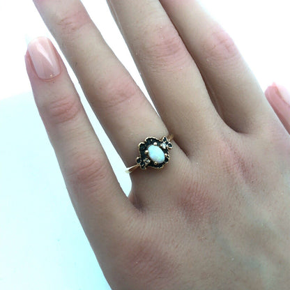 Retro 10K Yellow Gold Oval Opal Diamond Accent October Anniversary Ring