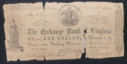 1862 $1 Exchange Bank of Virginia, Norfolk, VA Obsolete Currency Bank Note