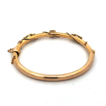 Art Nouveau Art Deco 14K Yellow Gold Garnet Seed Pearl Etruscan Bangle Bracelet