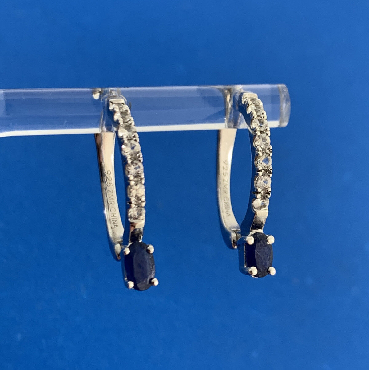 Designer 925 Sterling Silver Sapphire White Topaz Accented Huggie Hoop Earrings
