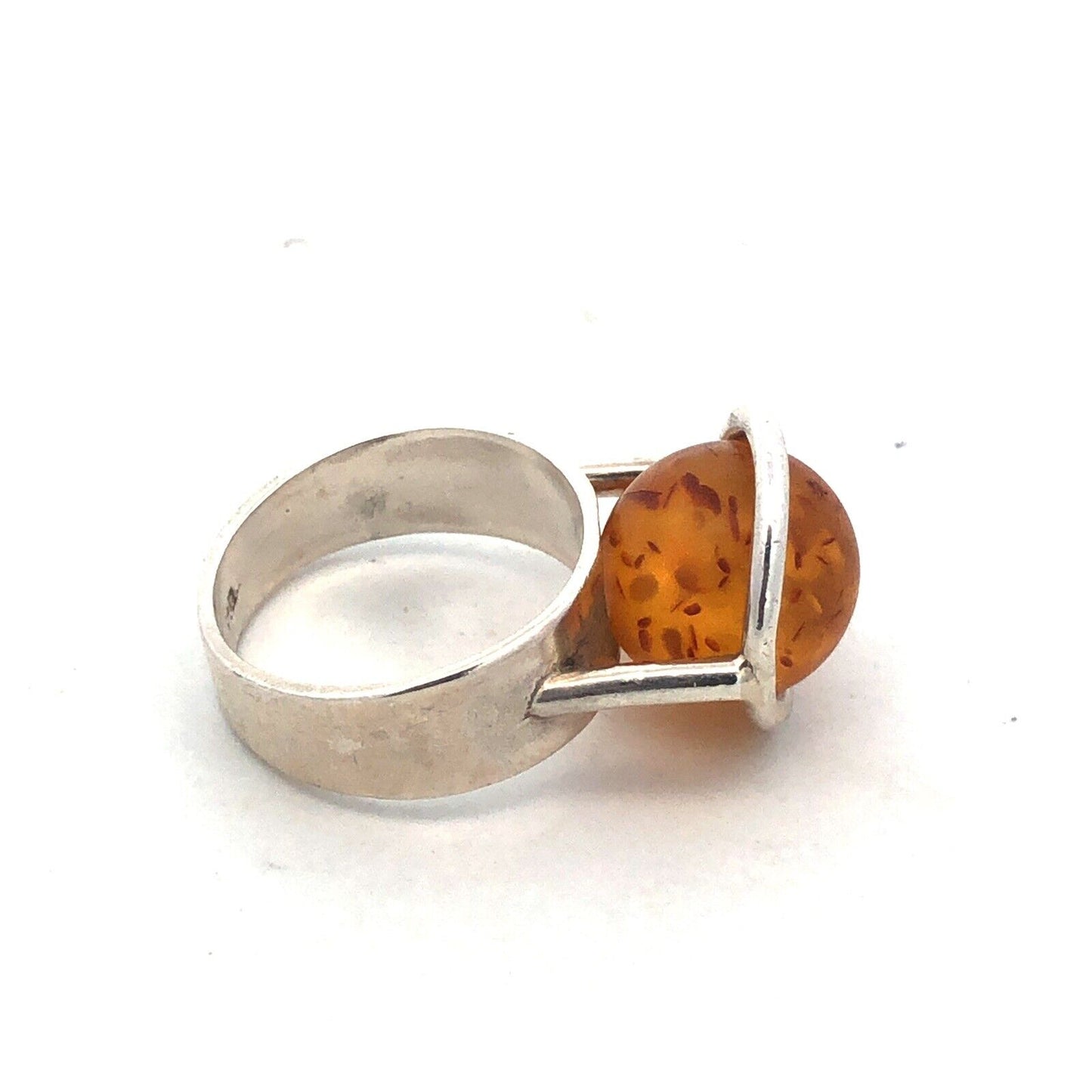 Vintage 925 Sterling Silver Yellow Amber Ball Marble Statement Ring