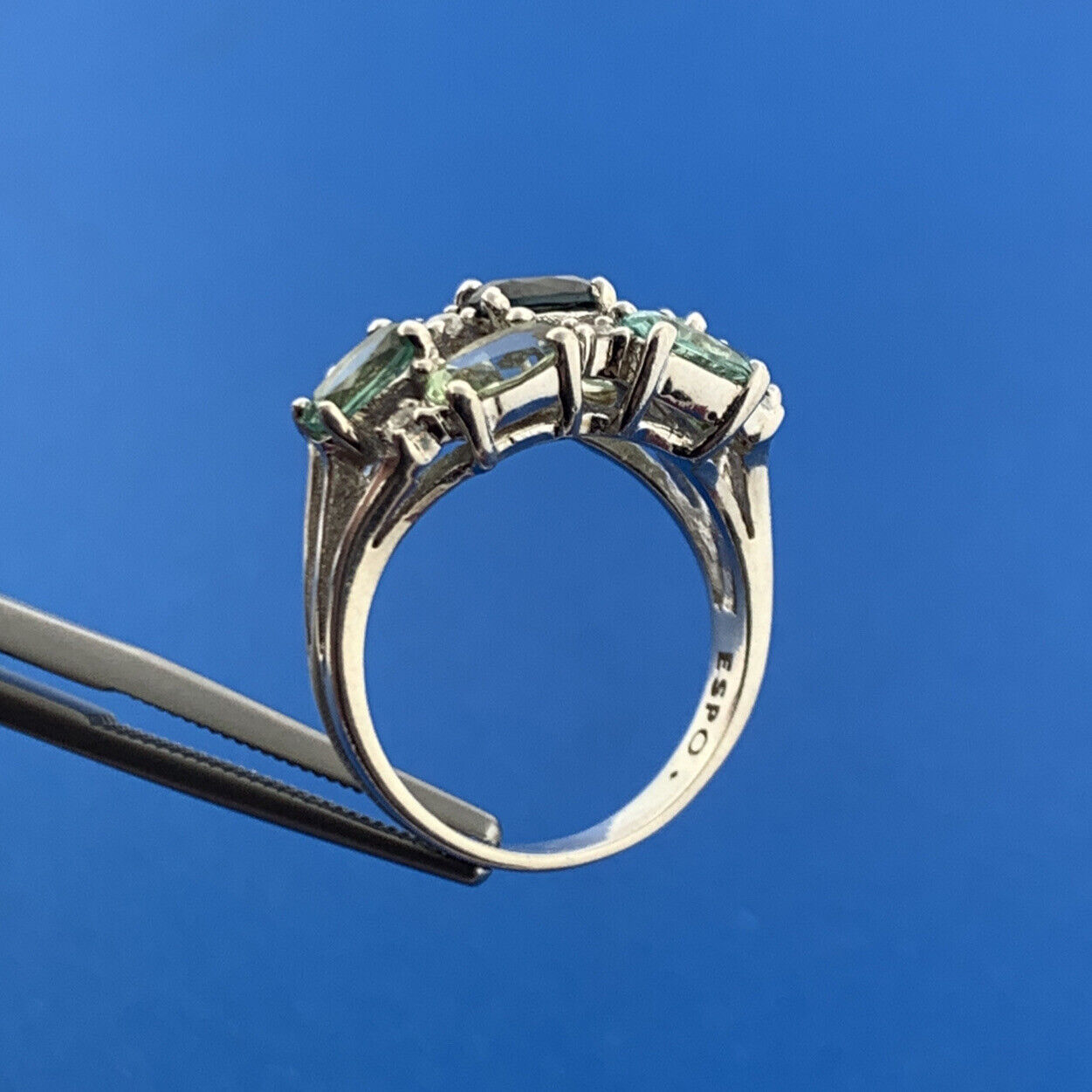 Joe Esposito ESPO Sterling Silver 925 Green Amethyst Quartz CZ Cluster Ring